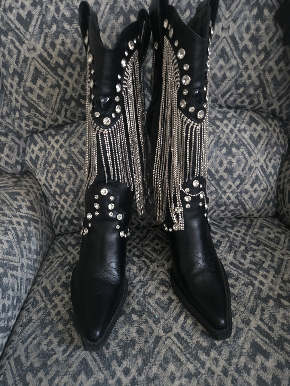 Black Rhinestone Fringe Western Knee-High Boots - Picture 2 of 3